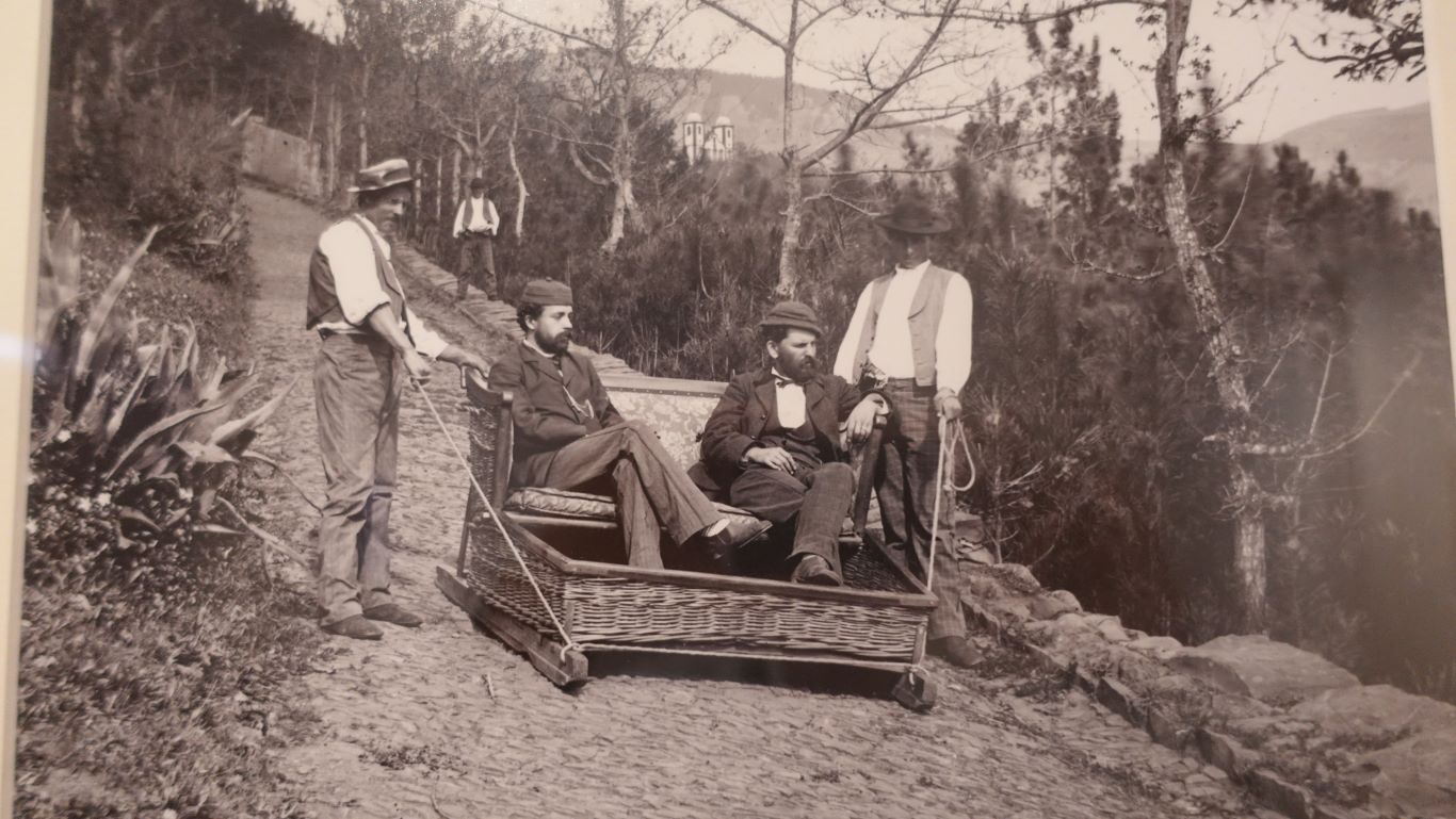 uraltes Schwarzweißfoto einer Korbschlittenfahrt auf Madeira: eines der coolsten Verkehrsmittel der Welt