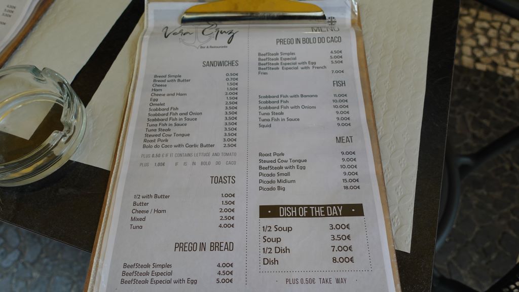 Auszug aus der Speisen- und Getränkekarte im Restaurant Vera Cruz