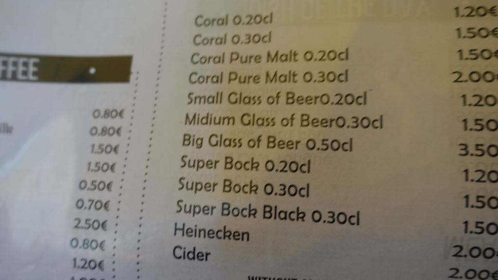 Auszug aus der Speisen- und Getränkekarte im Restaurant Vera Cruz