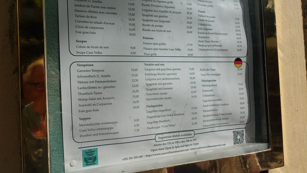 Auszug aus der Speisenkarte