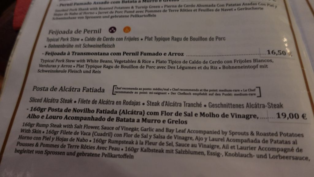 Auszug aus der Speisenkarte